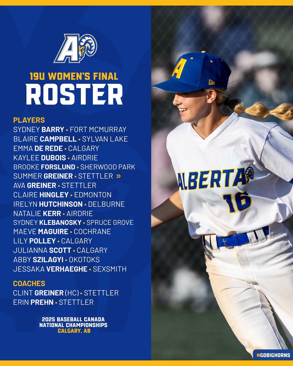 TeamAlbertaBSB's tweet image. Ready to defend home soil at 19U Women’s Nationals 🐏
Team Alberta’s final roster is set! ✅
📍Webber Academy Athletic Park, AB
🗓 July 31 – August 3
#GoBighorns • #TeamAB