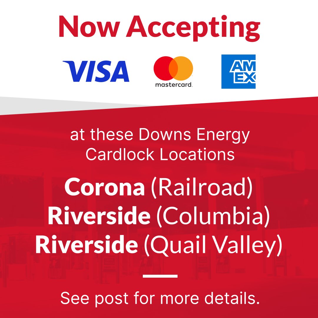Downs_Energy's tweet photo. Great news! Downs Energy is excited to announce that we're now accepting credit cards at the pumps at our Corona-Railroad, Riverside-Columbia, and Riverside-Quail Valley locations!

Visit https://t.co/SNI0DY1ZAE to see our locations.

#DownsEnergy #CreditCards #FuelUp https://t.co/mZwkoJtvWV