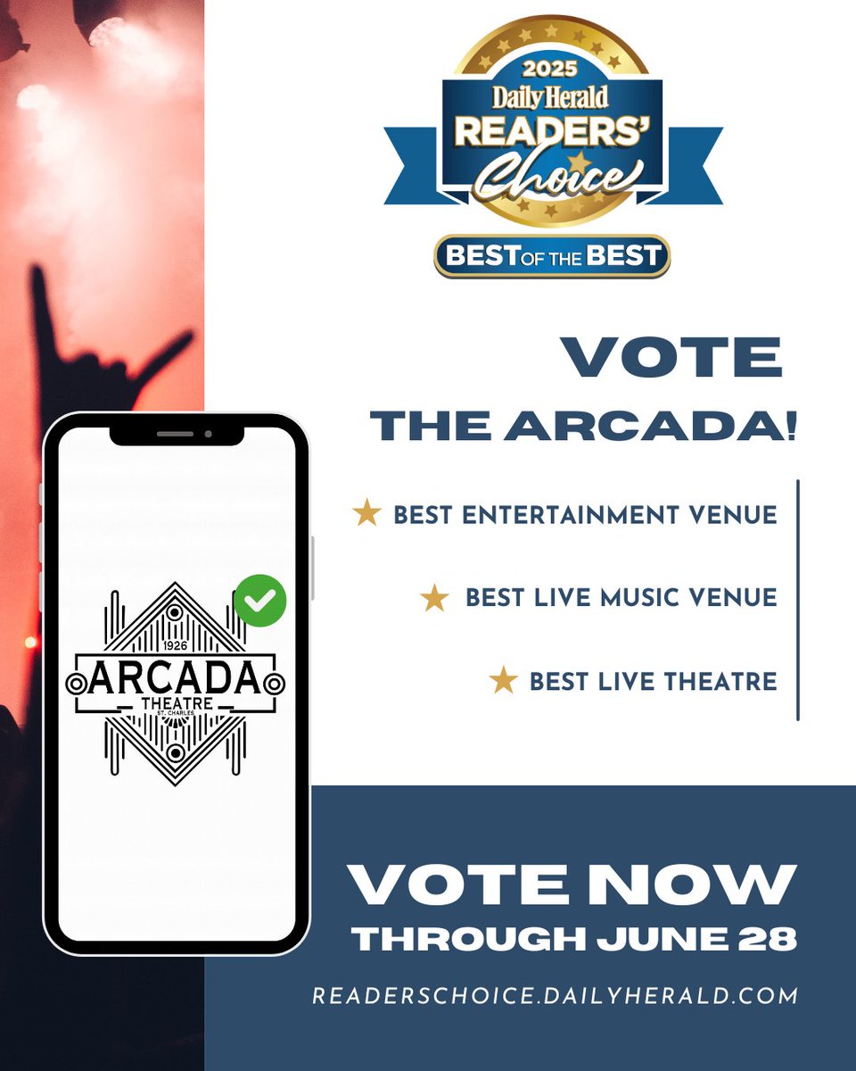 Only a few more days! Vote the Arcada Theatre for Best Entertainment Venue, Best Live Music Venue, and Best Live Theatre!

Vote here until June 28!
hubs.ly/Q03sfrKf0

#BestoftheBest #DailyHearald #ReadersChoice