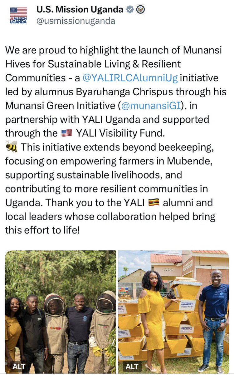 munansiGI's tweet photo. Thank you @USMissionUganda &amp; @YALI 🇺🇸🇺🇬 for supporting the #MunansiHives Project! Your partnership is helping us drive sustainable beekeeping, youth empowerment &amp; community growth. Together, we're creating lasting impact. 
#YALIVisibilityFundPhase4 #BeekeepingForChange https://t.co/ePysxW6Bye