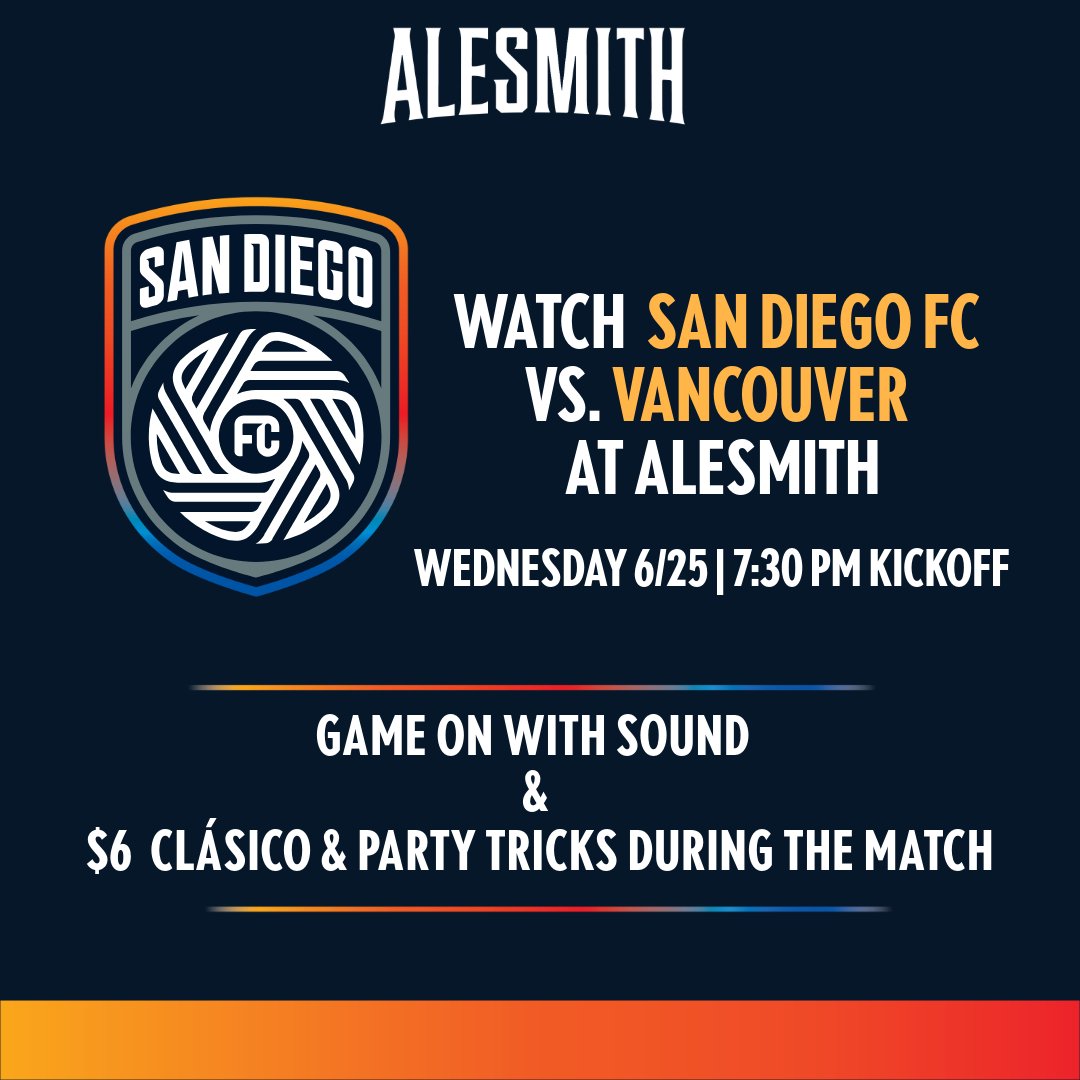 SDFC Watch Party tonight!
Kickoff at 7:30 PM
📍 AleSmith Tasting Room
🎧 Game on with sound
🍻 $6 Clásico &amp; Party Tricks