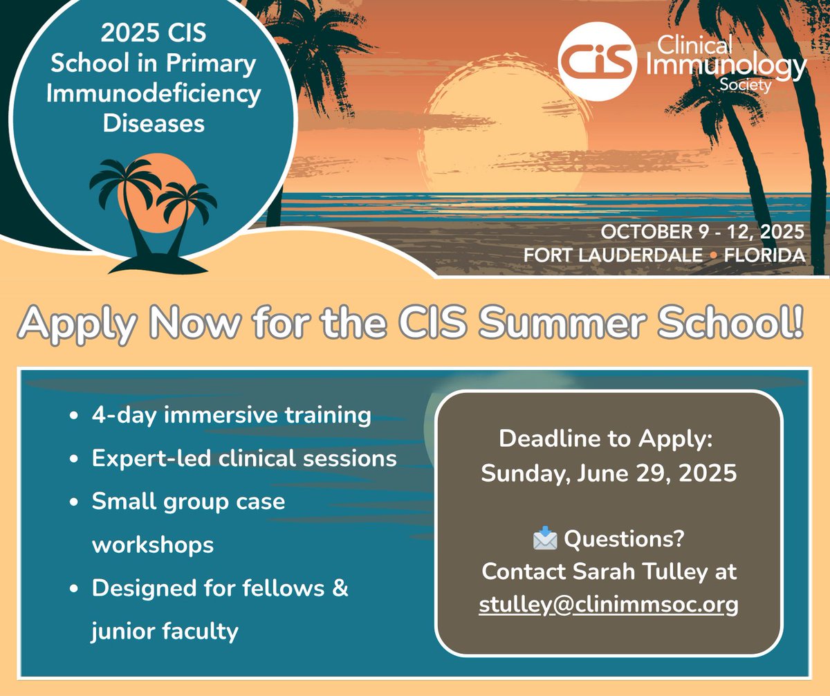 CIS (@clinimmsoc) on Twitter photo Time is running out—apply for the 2025 Summer School by Sunday, June 29th at 11:59PM EDT!
Learn more: clinimmsoc.org/CIS/Meetings/S…
Questions? Reach out to Sarah Tulley at stulley@clinimmsoc.org Time is running out—apply for the 2025 Summer School by Sunday, June 29th at 11:59PM EDT!
Learn more: clinimmsoc.org/CIS/Meetings/S…
Questions? Reach out to Sarah Tulley at stulley@clinimmsoc.org