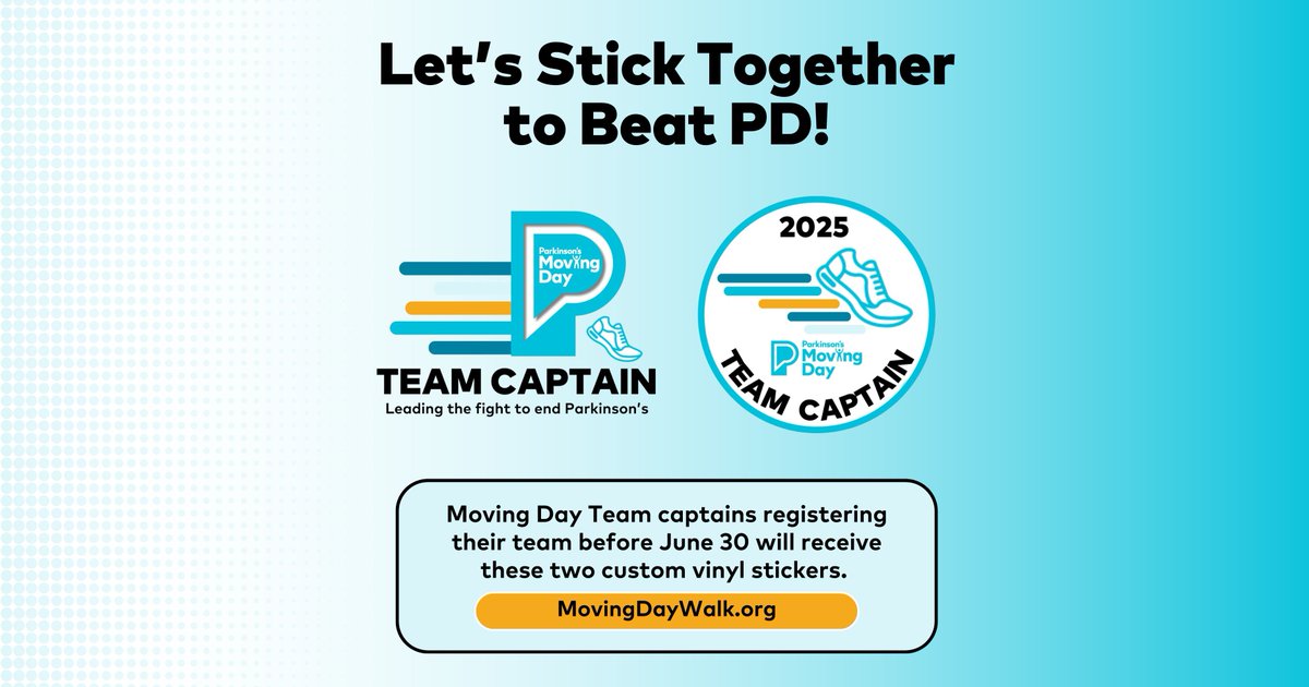 ParkinsonDotOrg's tweet image. There's still time to take part in our nationwide registration challenge for Moving Day team captains! 👟 Team captains registering their team before June 30 will receive 2 custom stickers (Pictured below). 

Get ready to #Move4PD! MovingDayWalk.org/Events