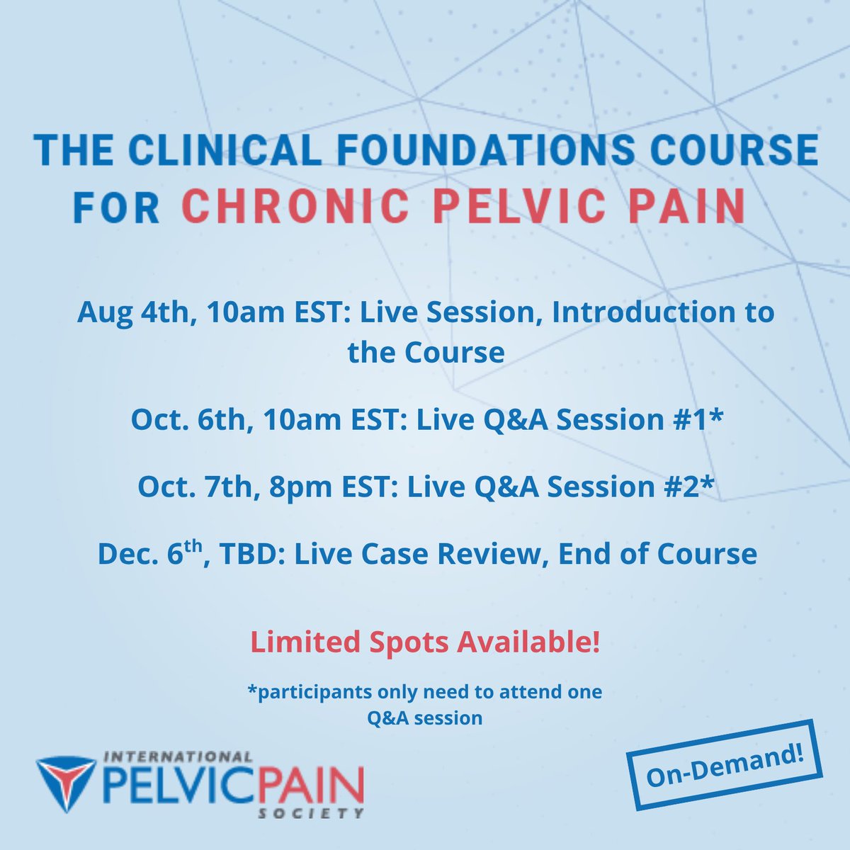 PelvicPainOrg's tweet image. The Clinical Foundations Course returns Aug 4th!
Join us for an asynchronous, hybrid course designed to provide you with the right tools to evaluate and manage patients with CPP. Get ready to take your clinical care to the next level!
Learn more: pelvicpain.org/meetings/webin…