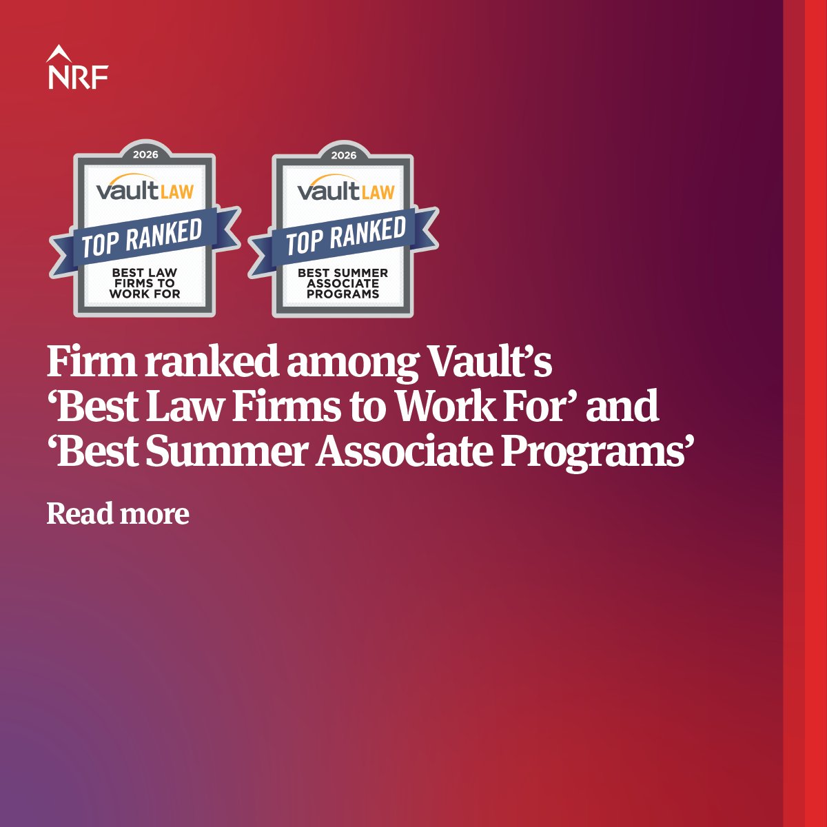 We are pleased to share that we have been ranked 15th overall by Vault on the 2026 “Best Law Firms to Work For” list. Additionally, we were ranked among Vault’s “Best Summer Associate Programs” within the top 20. ow.ly/sjsN50WgkMQ