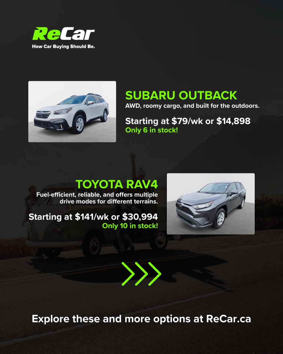 ReCarCanada's tweet photo. Swipe to find out what vehicles are the perfect road trip companion. And with access to over 500+ used vehicles, we’ve got your perfect summer match.

Start browsing at https://t.co/cR9B94RCAw

#ReCarCanada #RoadTripReady #SummerAdventures #RoadTripSeason #UsedCars https://t.co/veIuIBOxOC
