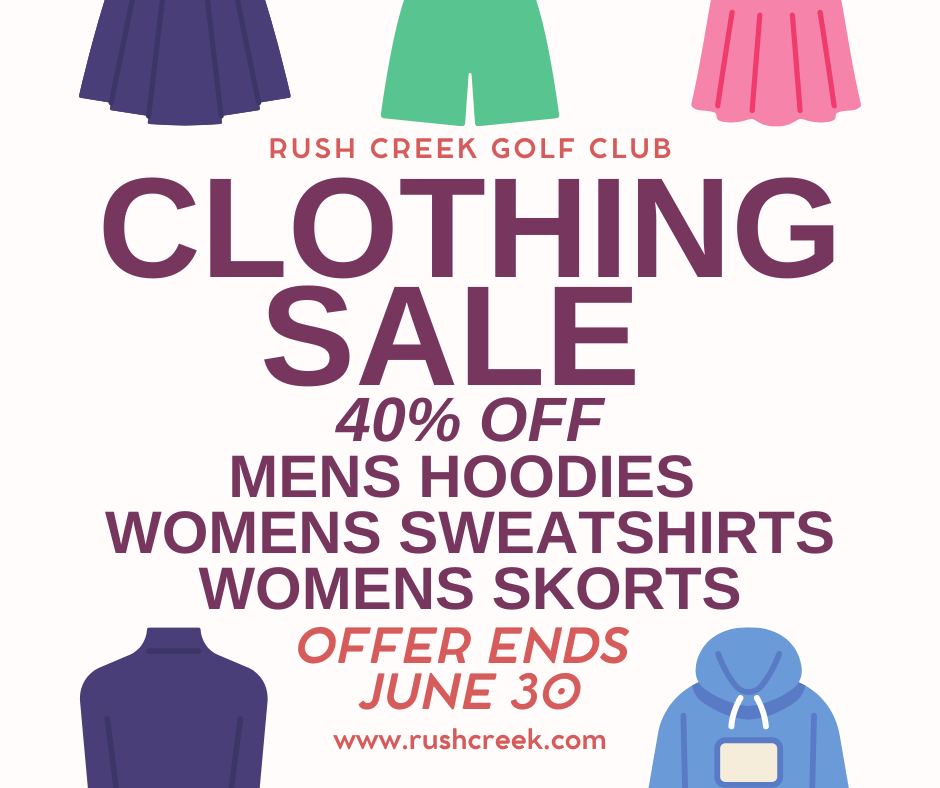 A can't miss sale at the golf shop is taking place NOW! Stop in and get 40% off mens hoodies and womens sweatshirts &amp; skorts. Offer ends June 30th.