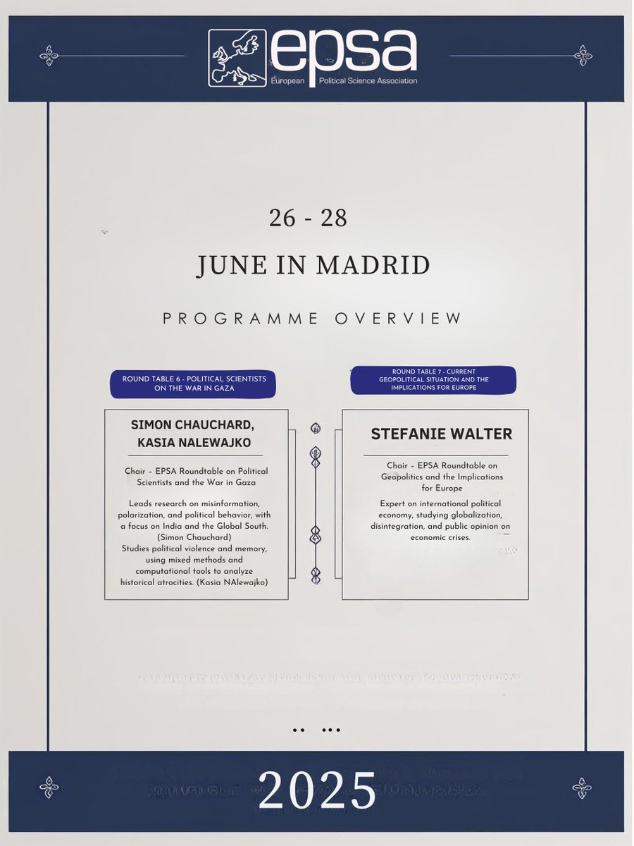 w/ <a href="/griffin_j_d/">John Griffin</a> <a href="/Bernardi_L/">Luca Bernardi</a> <a href="/allisonwkoh/">Allison Koh</a> + many more — join us at #EPSA2025 in Madrid (June 26–28)!

🧠 Diversity &amp; Mental Health
🌍 Geopolitics &amp; Europe
⚖️ War in Gaza
🎓 Postdoc Job Market
📚 Journal Editors
🔗 epsanet.org
#PoliticalScience #SocialScience