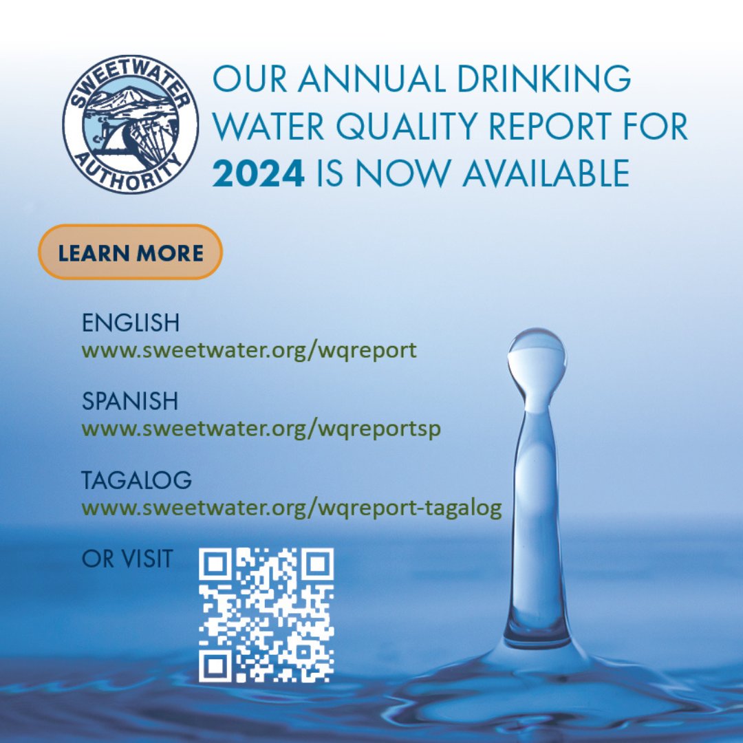Our annual drinking water quality report for 2024 is now available. Last year the water delivered by Sweetwater Authority met all state &amp; federal drinking water health standards.

English: sweetwater.org/wqreport
Spanish: sweetwater.org/wqreportsp
Tagalog: sweetwater.org/wqreport-tagal…