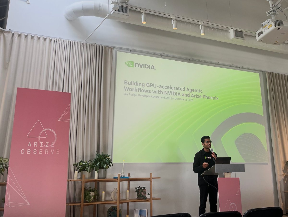 Happening right now at Observe 👀

<a href="/jayrodge15/">Jay Rodge</a> is doing a deep dive into building GPU-accelerated agentic workflows with <a href="/nvidia/">NVIDIA</a> NIMs and <a href="/ArizePhoenix/">arize-phoenix</a>