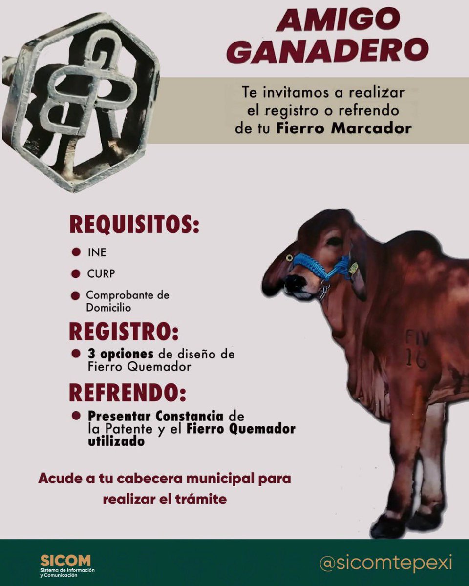 SICOMTepexi's tweet photo. Invita la Secretaría de Desarrollo Rural a realizar el registro del Fierro marcador para ganado en #TepexideRodriguez , con la finalidad de identificar a sus animales 🐄

#tepexi #TepexiDeRodriguez #SicomTepexi https://t.co/3IJZCp0RmG