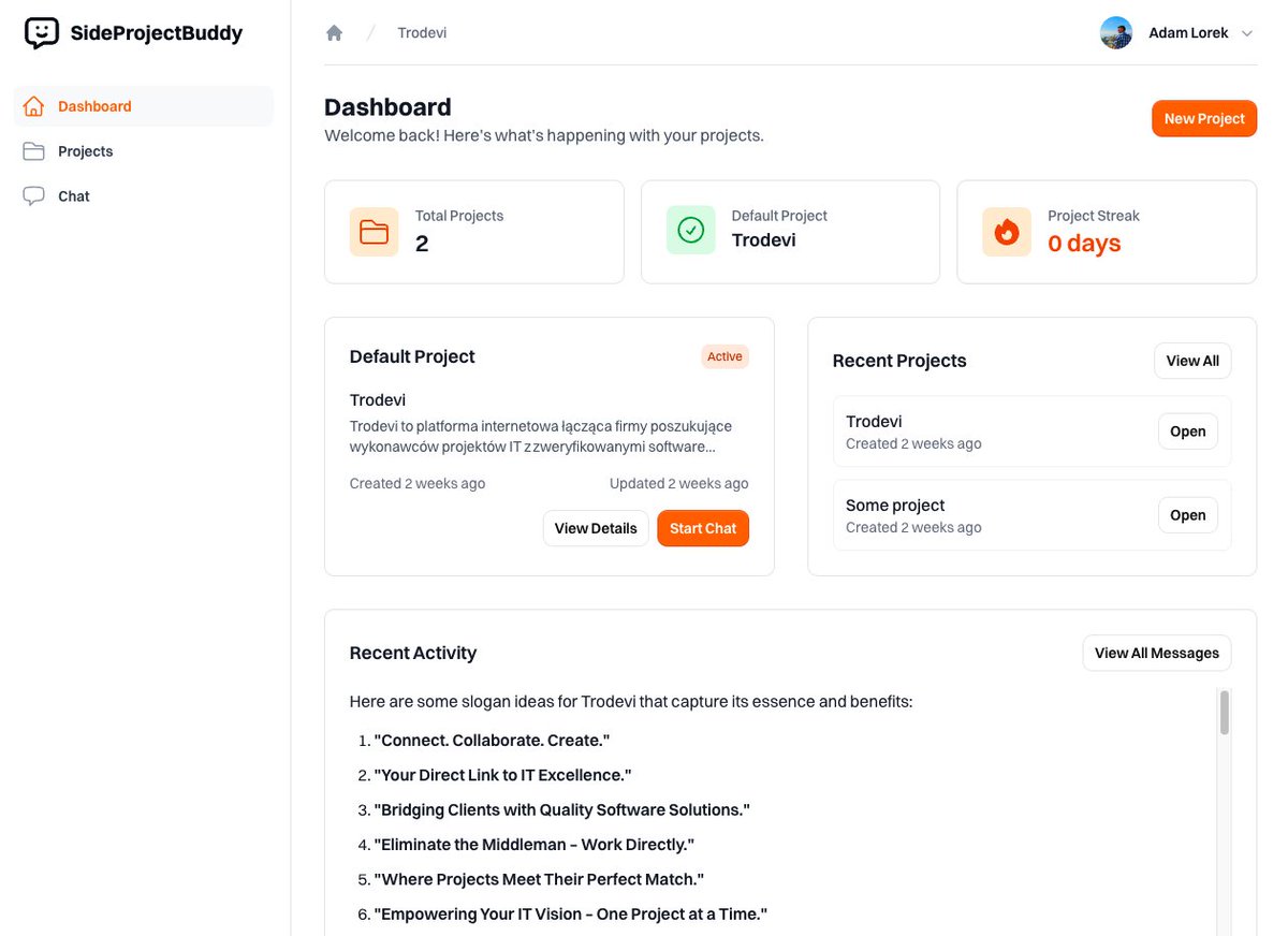 Another day, another progress, dashboard page for sideprojectbuddy.com