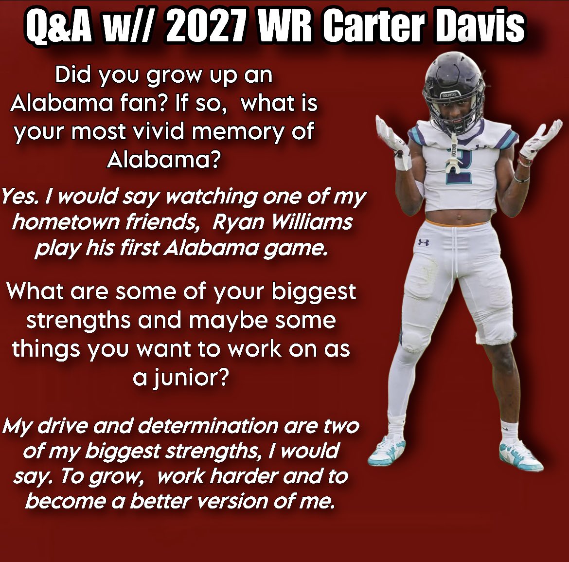 I recently had the opportunity to interview 2027 wide receiver Carter Davis (<a href="/PresidentCRT3R/">Carter “President” Davis</a>) out of Gulf Shores High School (AL).

We spoke about several interesting things regarding his recruitment, his most vivid memory of Alabama, and his recent trip to Tuscaloosa.

Below is