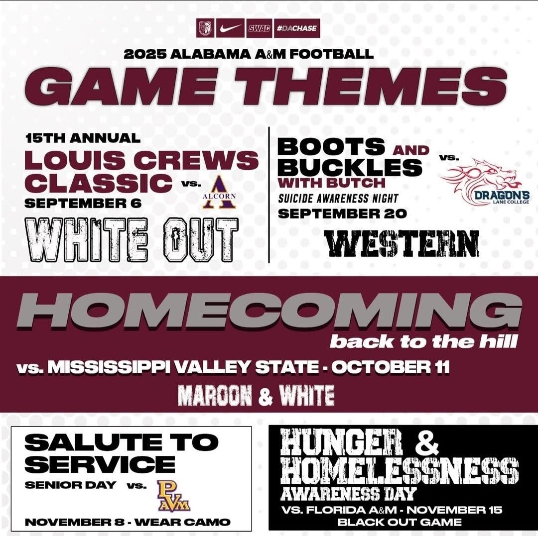 AAMU_Alumni's tweet image. Calling all Bulldogs! 🐾 The 2025 AAMU Football Game Day Themes are here! This fall, rep your pride with themed games that celebrate tradition, community, and legacy. From White Out to Homecoming & Black Out—get ready for a season to remember! #AAMUFootball #AAMU150