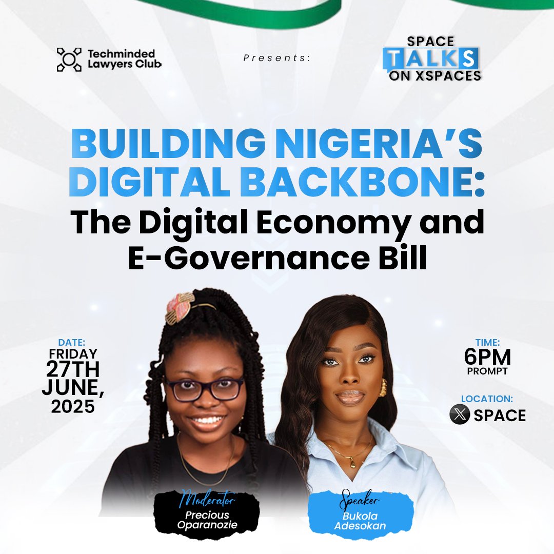 What’s inside Nigeria’s Digital Economy &amp; E-Governance Bill draft? 

And how will it shape the tech and legal space you work in? 

We’re unpacking it this Friday. 

Get ready for an exciting time with Precious and Bukola. 

See you in XSpaces by 6pm on Friday, June 27.

#STonS
