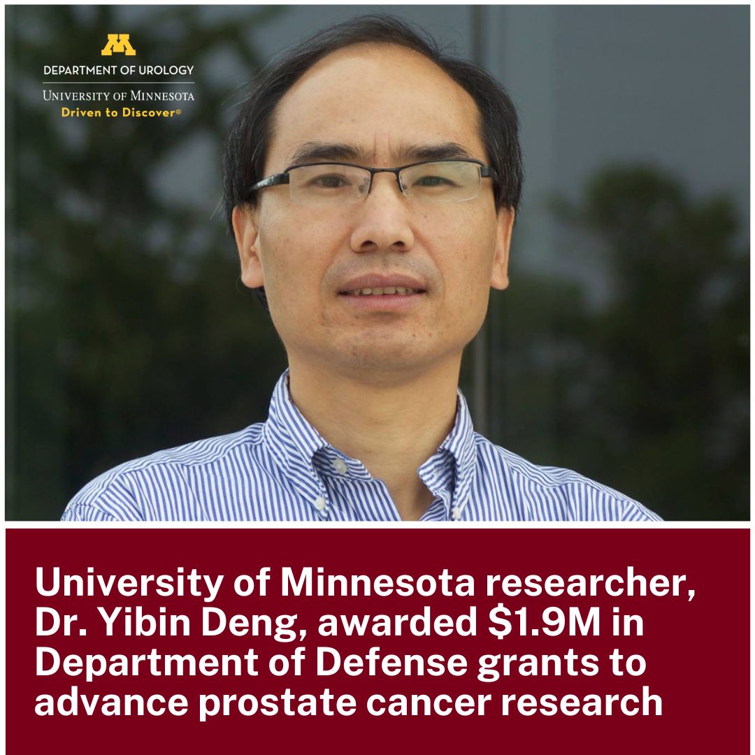 UMNUrology's tweet photo. Dr. Yibin Deng, MD, PhD, Professor of Urology, Genetics, and Computational Biology at the University of Minnesota, has been awarded two grants totaling $1.9 million from the @DeptofDefense for his team’s prostate cancer research: https://t.co/AgiMl9rdnY https://t.co/elNtFgV4vL