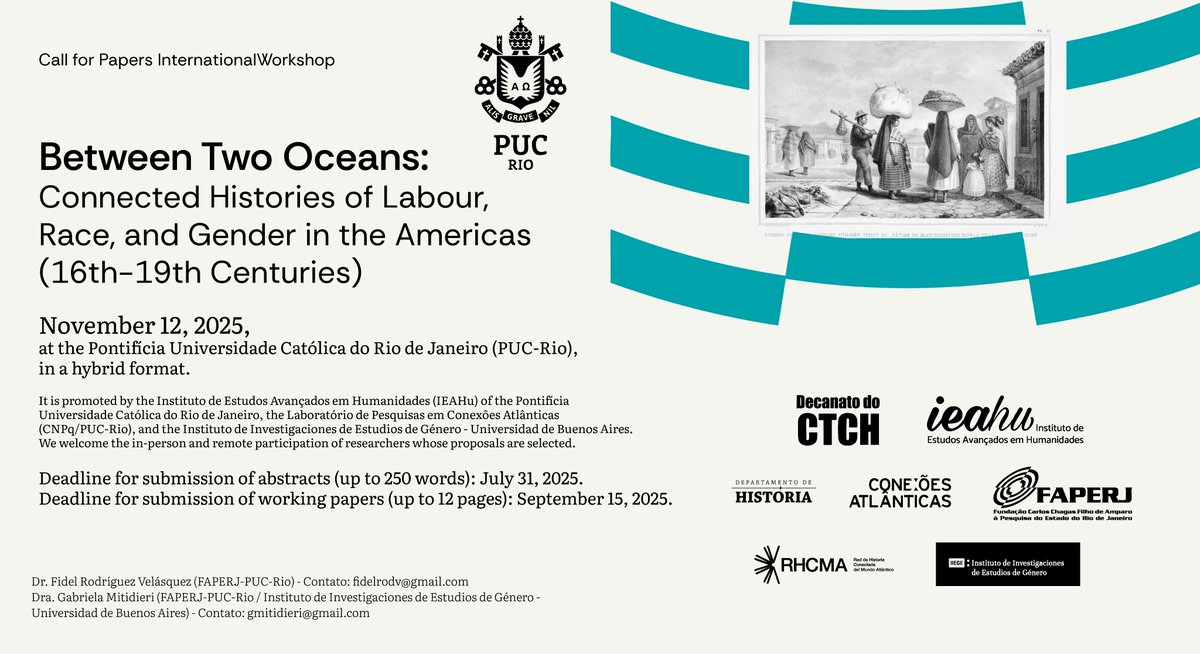 #Xstorians #CFP Junto con <a href="/gabimit/">gabimitidieri</a> organizo el Seminario Internacional “Between Two Oceans: Connected Histories of Labour, Race, and Gender in the Americas (16th–19th centuries)” estamos recibiendo propuestas. Tendrá lugar el 12 de noviembre de 2025 en Rio de Janeiro, Brasil.