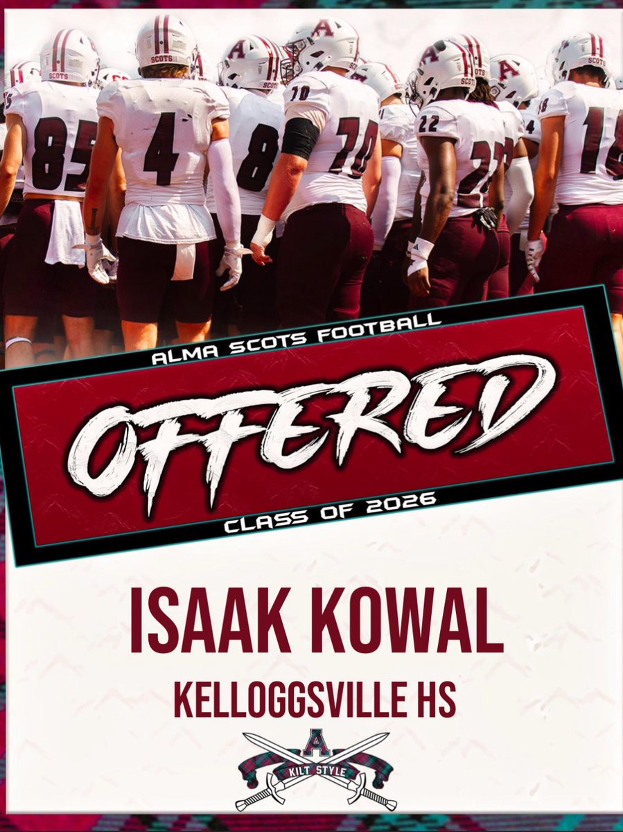 Isaak Kowal (@ikowal_0) on Twitter photo After a great conversation with <a href="/TheJoshGuilford/">Josh Guilford</a> I’m very excited to receive an offer from <a href="/AlmaScotsFB/">Alma College Football</a> Thank you to all the coaching staff for having me out for camp and seeing my potential #goscots #kiltstyle <a href="/CoachP_Alma/">Jason Polmanteer</a> <a href="/Coach_Dennett/">Justin Dennett</a> <a href="/LegacyWestMI/">Legacy West</a> After a great conversation with <a href="/TheJoshGuilford/">Josh Guilford</a> I’m very excited to receive an offer from <a href="/AlmaScotsFB/">Alma College Football</a> Thank you to all the coaching staff for having me out for camp and seeing my potential #goscots #kiltstyle <a href="/CoachP_Alma/">Jason Polmanteer</a> <a href="/Coach_Dennett/">Justin Dennett</a> <a href="/LegacyWestMI/">Legacy West</a>