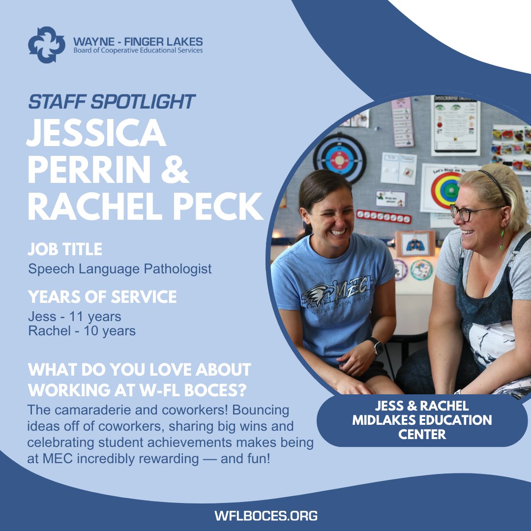 🔦 We're shining the spotlight on two of our Speech Language Pathologists today, Jessica Perrin and Rachel Peck!

Read all about how they’re #MakingSuccessPossible for Midlakes Education Center students through individualized communication strategies here: wflboces.org/about-us/news/…