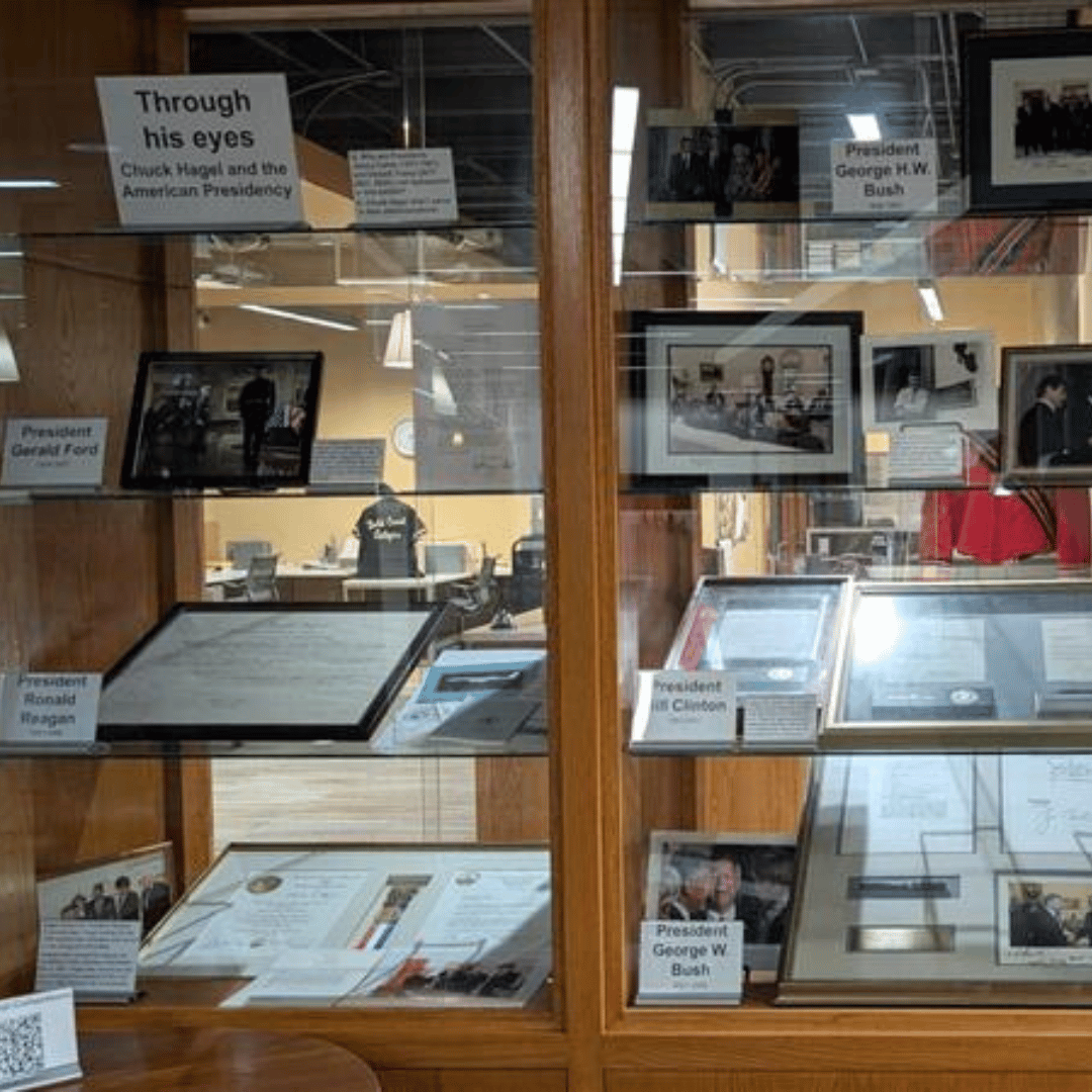 Stop by and view the latest exhibit from the Chuck Hagel Archives! This exhibit, Through His Eyes: Chuck Hagel and the American Presidency examines the various presidential connects Hagel had, starting back from the 1970s through 2015. Learn more: hubs.ly/Q03tsHB50