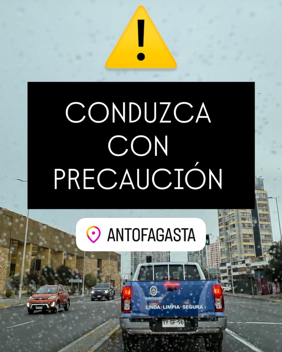 AntofagastaMuni's tweet photo. 🌧️ CONDUCE CON PRECAUCIÓN

Debido a las precipitaciones, el pavimento puede estar resbaladizo. Reduce la velocidad, aumenta la distancia de frenado y enciende tus luces.
Tu seguridad y la de los demás depende de tu responsabilidad al volante. 🚗

#ConduceSeguro  #Antofagasta https://t.co/A234EHkCNr