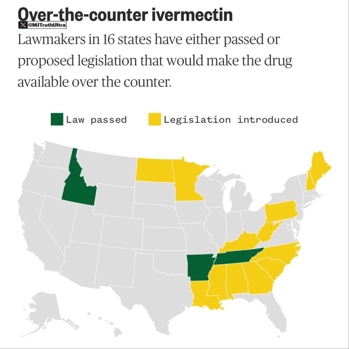 Over the Counter Ivermectin by State: 
Is your State on this list? Why or why not?

• States with laws passed: 
- Idaho
- Tennessee
- Arkansas

• States with legislation introduced: 
- Maine
- New Hampshire
- Pennsylvania
- West Virginia
- North Carolina
- South Carolina
-