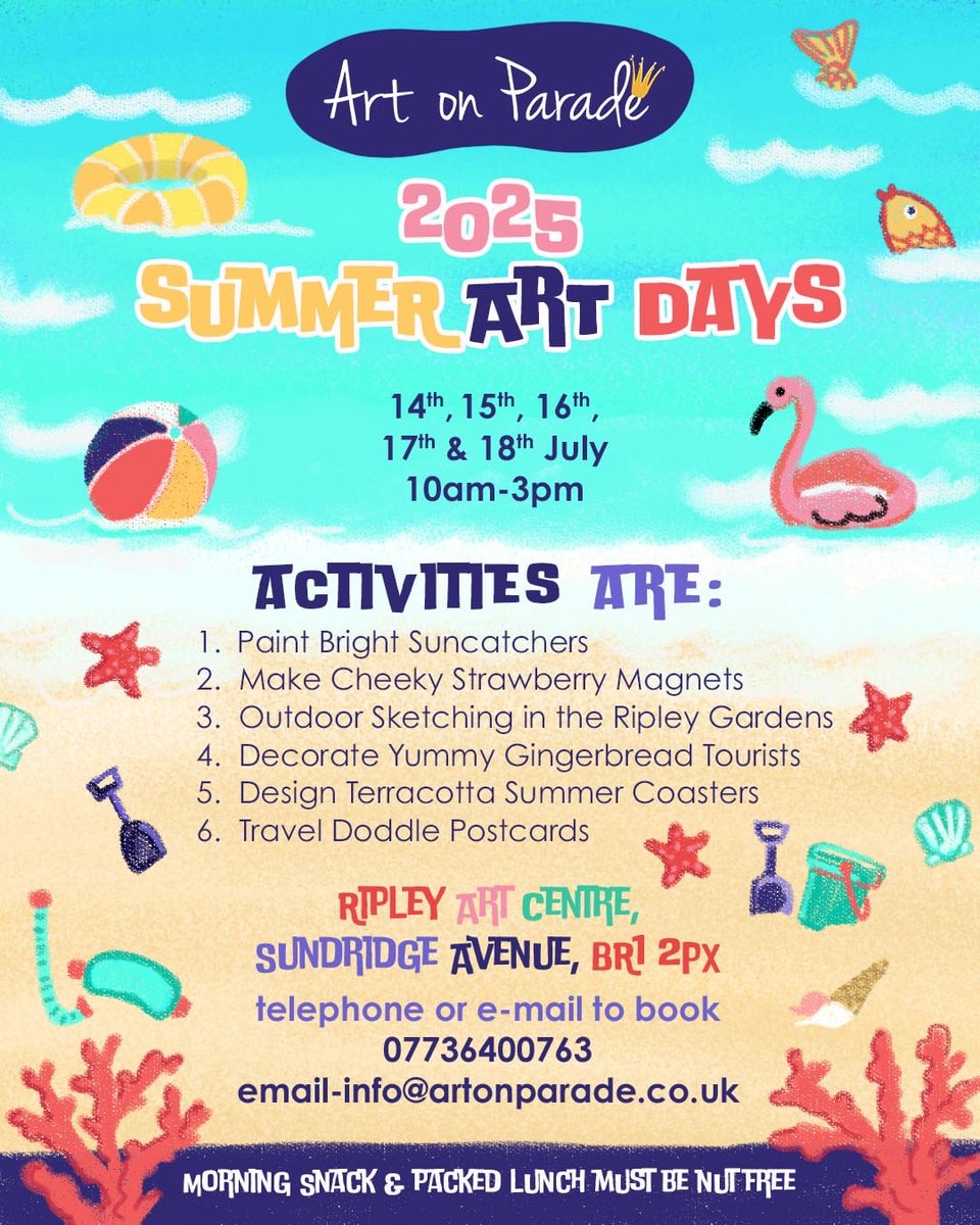 Bookings for our annual summer art days are open! We have many summery themed new activities lined up for any young budding artists. Fancy some time off looking after the kids - look no further, everyone is welcome at our summer art days. 🤩
Book now to avoid disappointment!! 😎
