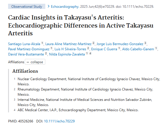 INCMNSZ_DirInv's tweet image. Estudio que describe las diferencias en los parámetros ecocardiográficos entre las modalidades convencionales y las nuevas en pacientes con arteritis de Takayasu con actividad de la enfermedad. Participación del @incmnszmx, José Luis Bermúdez Gonzalez y cols.