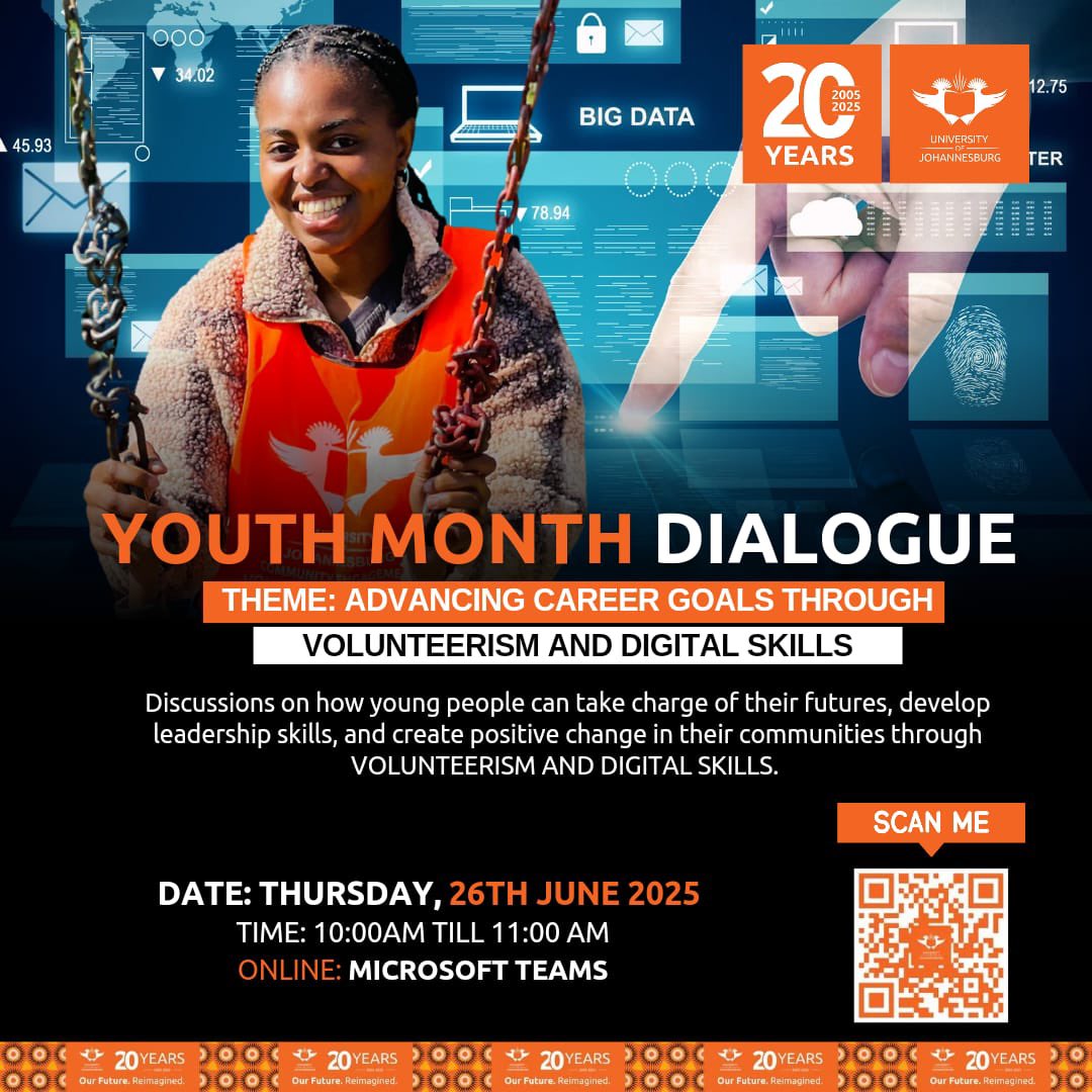 Neo Cholo (@neo_cholo) on Twitter photo Excited to be a moderator for the Youth Month Dialogue hosted by <a href="/go2uj/">University of Johannesburg</a> Community Engagement Unit tomorrow at 10am.
To hear more of how you can advance career goals through volunteerism and digital skills, join us on Microsoft Teams (scan QR code). 🧡
#UJ20 #YouthMonth2025 Excited to be a moderator for the Youth Month Dialogue hosted by <a href="/go2uj/">University of Johannesburg</a> Community Engagement Unit tomorrow at 10am.
To hear more of how you can advance career goals through volunteerism and digital skills, join us on Microsoft Teams (scan QR code). 🧡
#UJ20 #YouthMonth2025