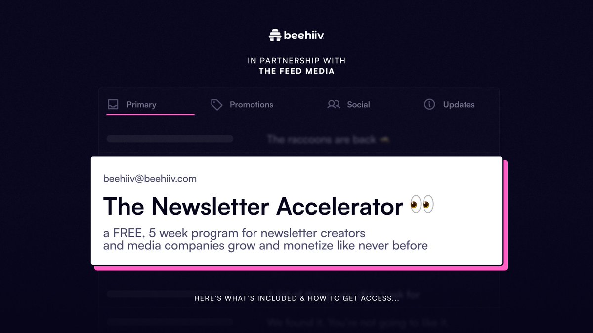 beehiiv 🐝 (@beehiiv) on Twitter photo introducing: The Newsletter Accelerator
a FREE program for newsletter creators + media brands who want to grow and monetize sustainably
created in partnership with <a href="/_May_Ham/">Nathan May</a> & The Feed Media (behind the growth of The Rundown, Big Desk Energy & more)
details & how to join👇 introducing: The Newsletter Accelerator
a FREE program for newsletter creators + media brands who want to grow and monetize sustainably
created in partnership with <a href="/_May_Ham/">Nathan May</a> & The Feed Media (behind the growth of The Rundown, Big Desk Energy & more)
details & how to join👇