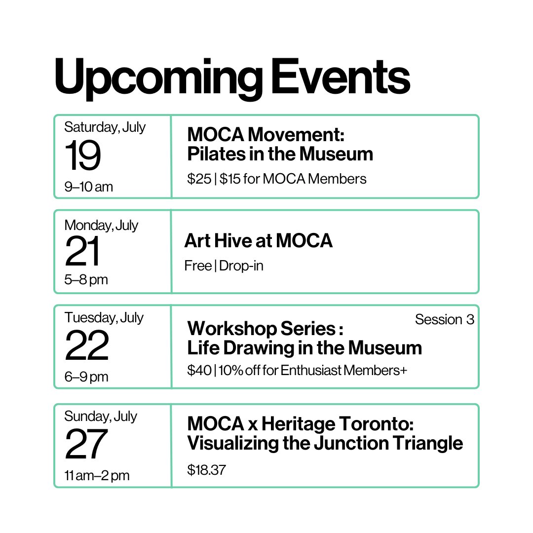 What’s on at MOCA this July? Hands-on workshops, a live performance, a pop-up market, an inspiring talk, and immersive exhibitions. Swipe to see the full lineup. See all upcoming events: bit.ly/41dRofu

📸: Doors Open Toronto, MOCA Toronto, 2025. Photo: Dean Tomlinson.