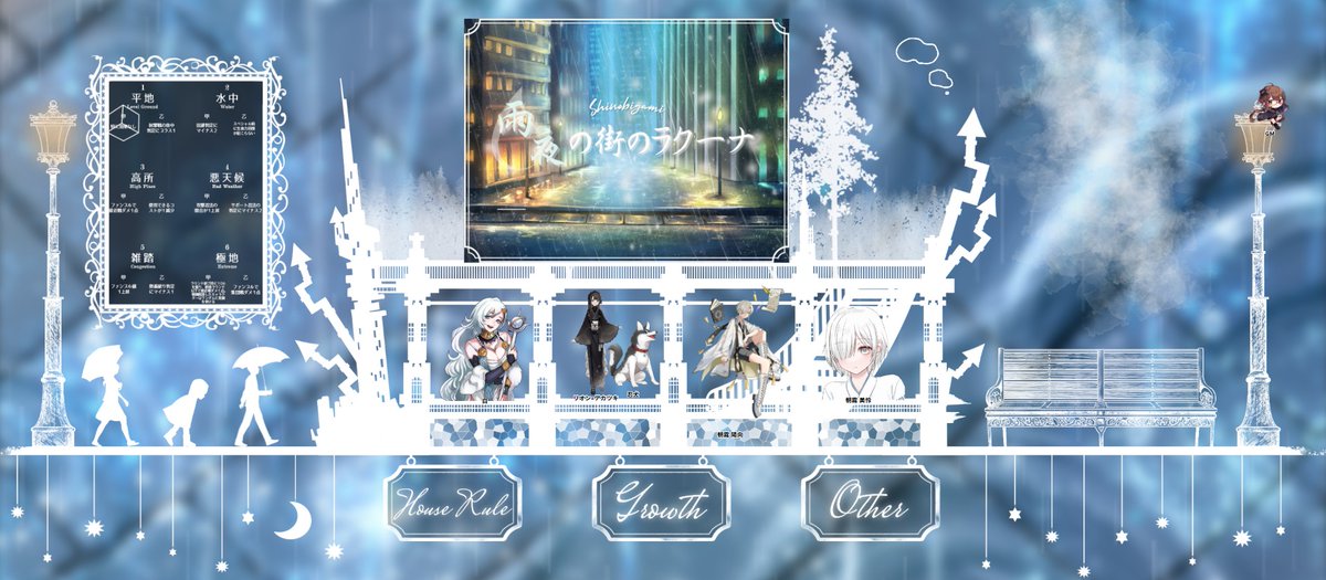 シノビガミ
••┈┈┈┈┈┈┈┈┈┈••
  雨夜の街のラクーナ
••┈┈┈┈┈┈┈┈┈┈••
作者/GM：シエン

PC/PL：
安見 瑛さん / 白
立花 絹さん / リオン=アカツキ
クルトさん / 朝霧 陽向
わこーさん / 朝霧 美怜

無事終了しました、ありがとうございました！
これは、止まない雨の物語☔