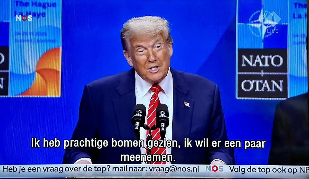 Donald Trump wil prachtige Nederlandse bomen meenemen naar Amerika. Wel humor dat hij door zijn eigen beleid hoge invoertarieven moet betalen voor die bomen!🌳🤣 

#NAVO #Trump #NATO #OTAN #DenHaag #Summit