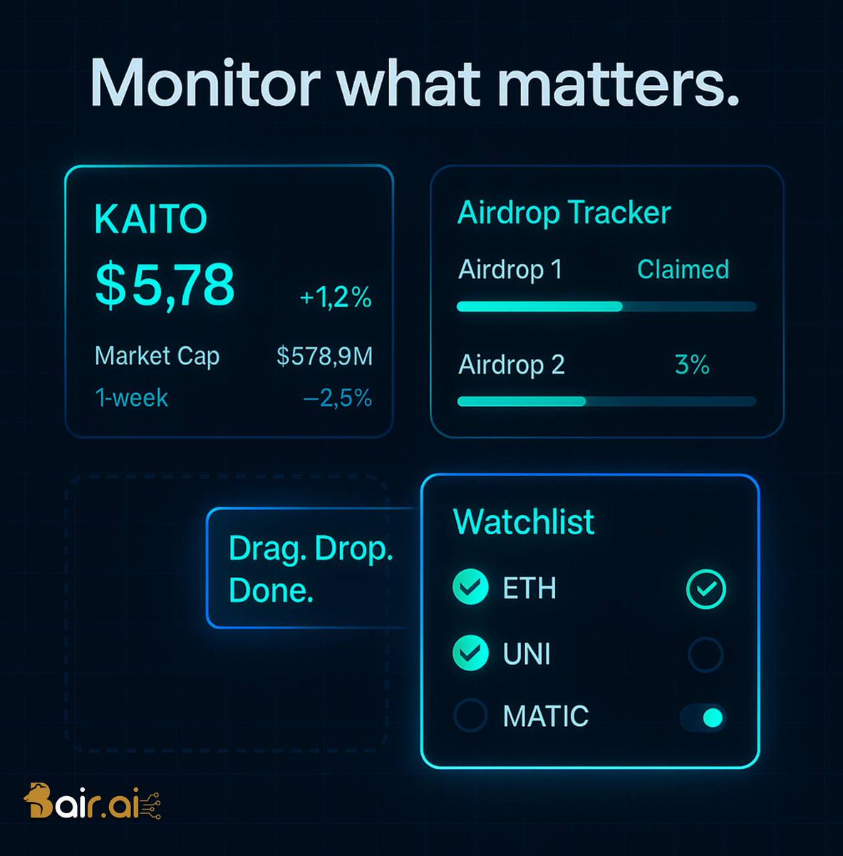 👀 Watching $KAITO? Or any gem?

Bair.ai lets you customize your dashboard for token tracking, price prediction, and trend spotting.

One click = Full control.

#CryptoTools #BairAI #InfoFi