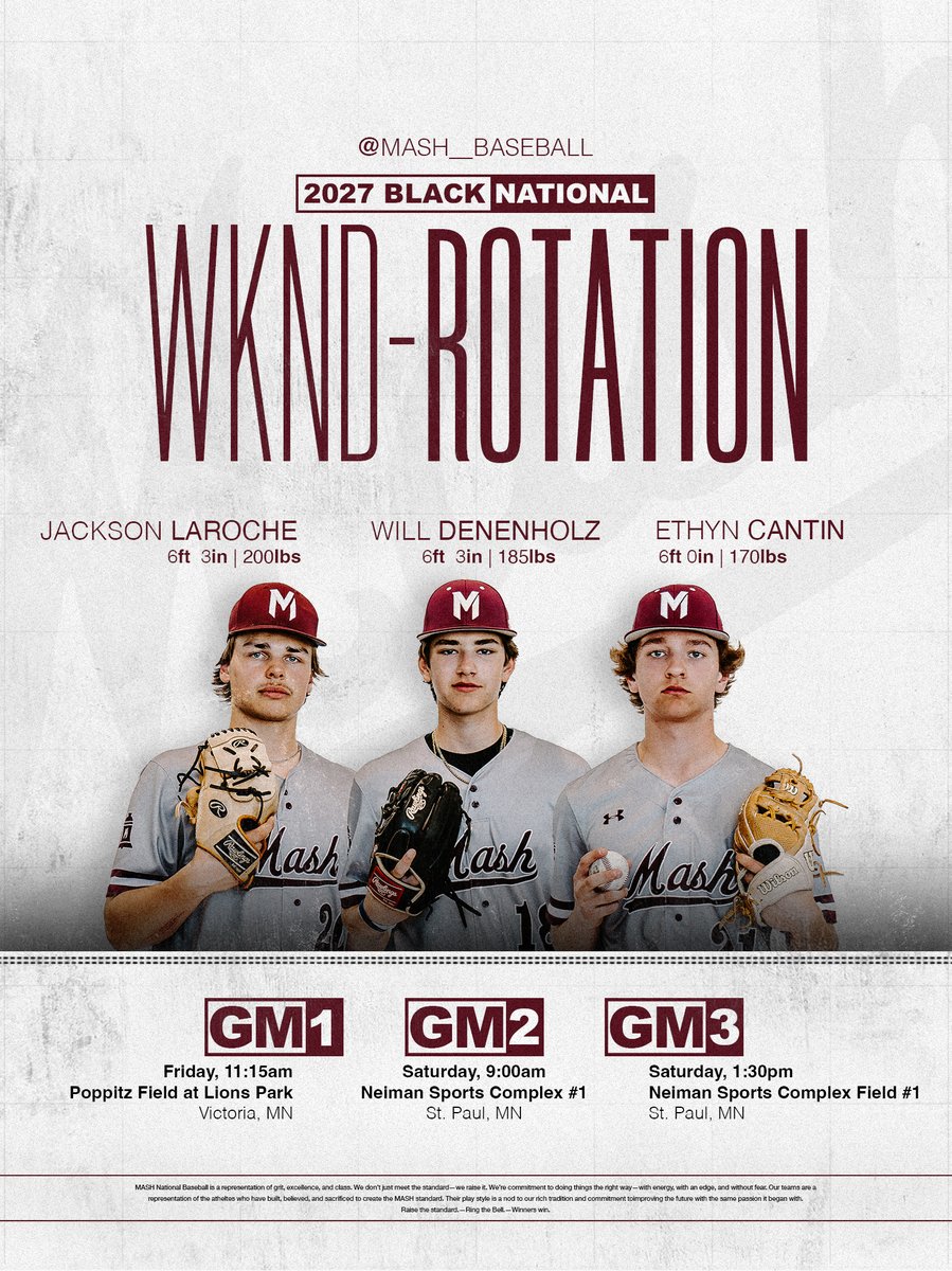 MASH Baseball (@mash__baseball) on Twitter photo 2027 Black National Weekend Rotation ๐ช๐
GM1: <a href="/JacksonLaRoche0/">Jackson LaRoche</a>
GM2: <a href="/denenholzw/">William Denenholz</a>
GM3: <a href="/EthynC_21/">Ethyn Cantin</a> 2027 Black National Weekend Rotation ๐ช๐
GM1: <a href="/JacksonLaRoche0/">Jackson LaRoche</a>
GM2: <a href="/denenholzw/">William Denenholz</a>
GM3: <a href="/EthynC_21/">Ethyn Cantin</a>