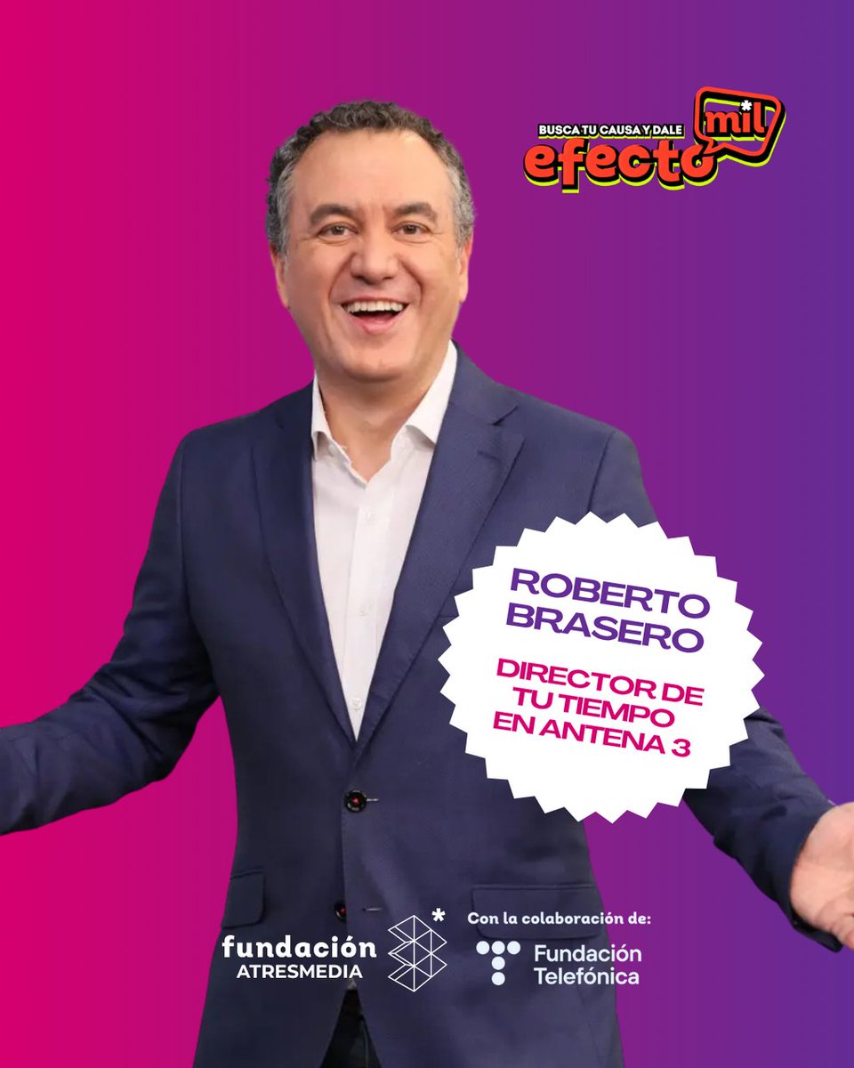 ¡Confirmado! 🙌

Roberto Brasero, director de Tu Tiempo en Antena 3, será el encargado de presentar la entrega de premios de la #4ªedición de #EfectoMIL.

🎙️ A las 12 h en directo en el canal de YouTube Fundación Atresmedia.

¡Descubre quien es el premiado!🏆