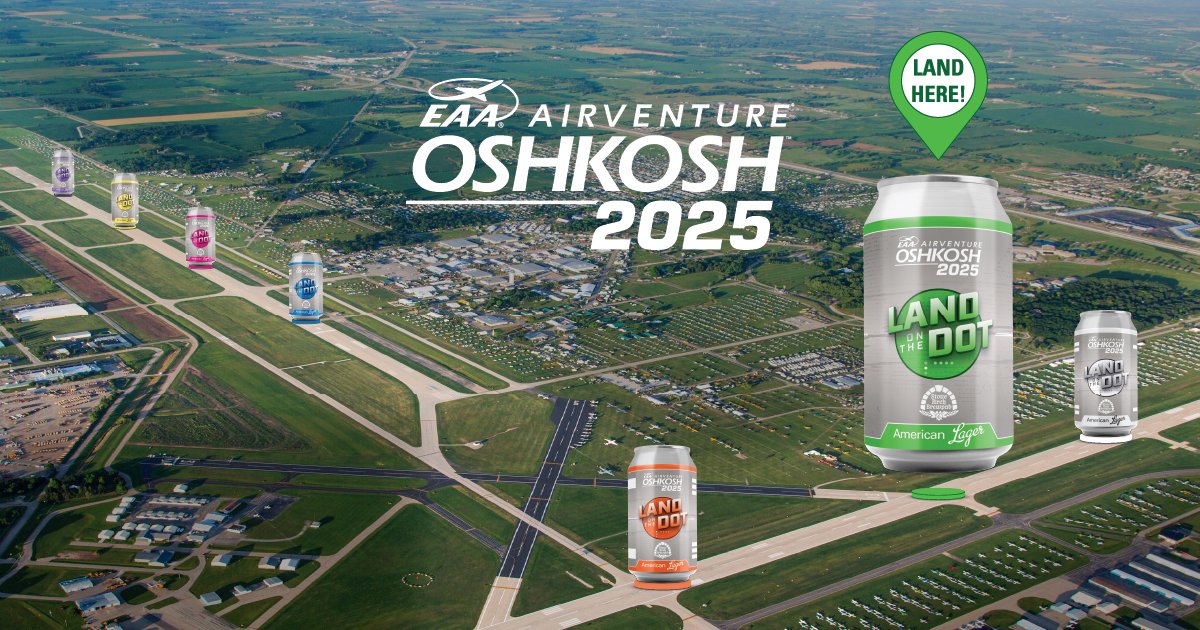 EAA's tweet photo. EAA is excited to announce that Land on the Dot, an American lager from Stone Arch Brewpub, is our AirVenture 2025 collectible beer!

This beer features seven uniquely colored labels that represents the seven colored runway dots at Wittman Regional Airport.

It will be available for purchase at select Red One Markets on the EAA AirVenture Oshkosh grounds during #OSH25.