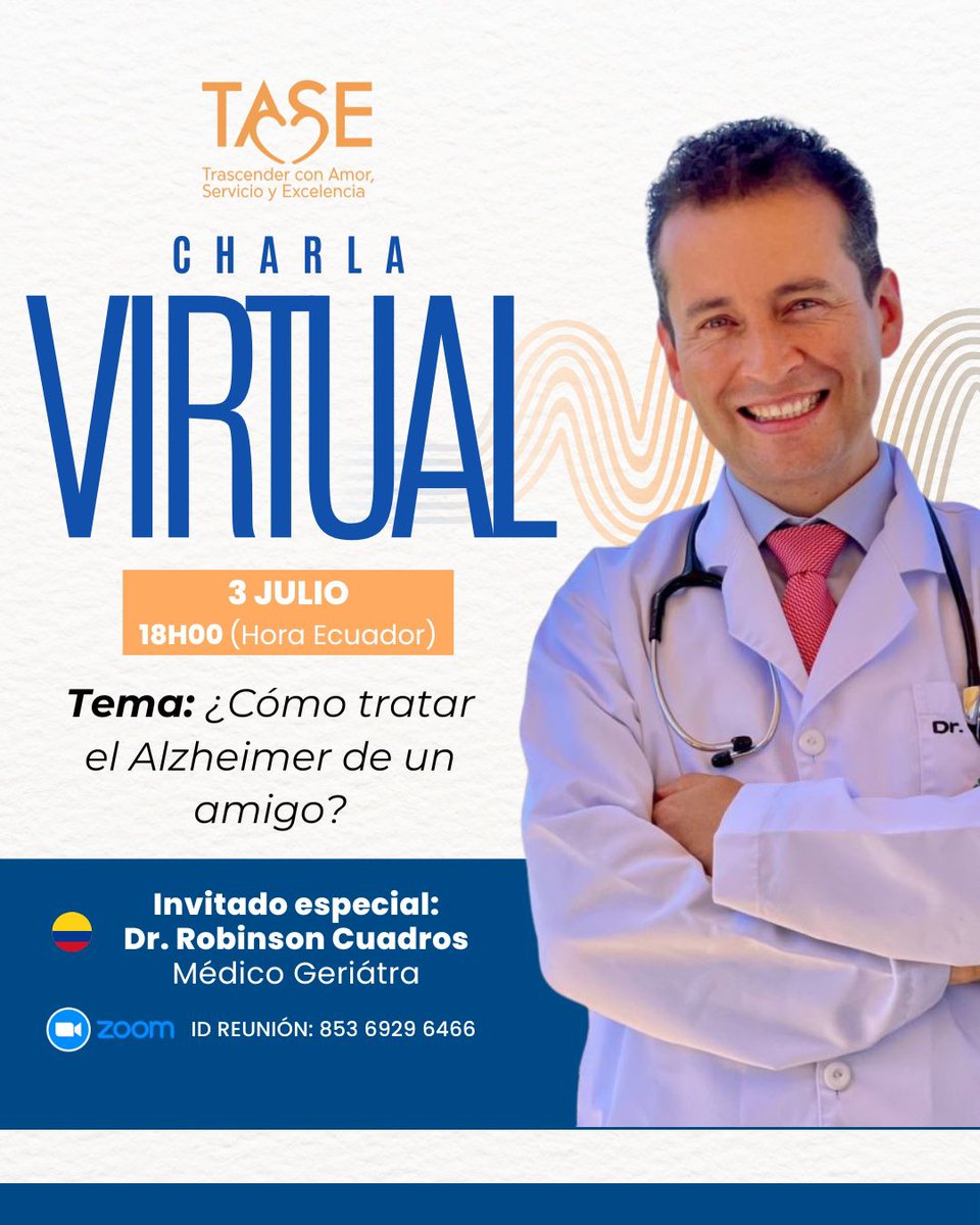 TipsCuidadores's tweet photo. ¿Cómo tratar el Alzheimer de un amigo?

Te invitamos a nuestra próxima charla virtual gratuita con el Dr. Robinson Cuadros, médico geriatra. @robinsoncuadroscuadros https://t.co/u2vMxqYNym