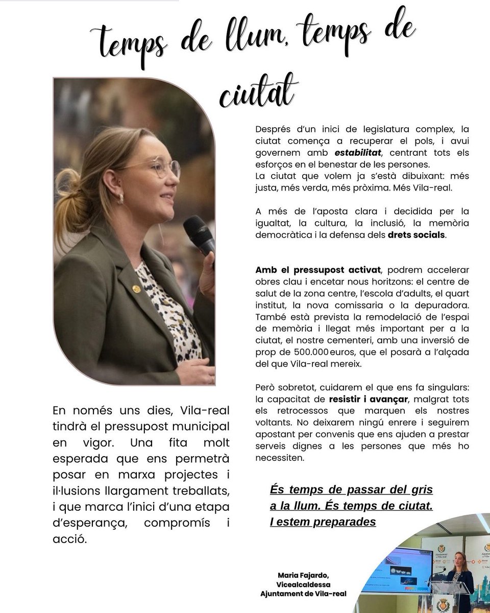 💡 Vila-real passa del gris a la llum.
Ja tenim pressupost per posar en marxa allò que la ciutat mereix: serveis, igualtat, memòria i futur.

📝 Article de Maria Fajardo, vicealcaldessa:
👉 elperiodicomediterraneo.com/opinion/2025/0…

#TempsDeLlum 
#TempsDeCiutat  #governsAmbCompromís🍊🏛️