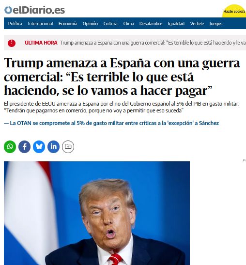 -La diferencia entre gastar un 2,1% y un 5% del PIB supone unos 52.000 mill€

-España exportó a EEUU unos 17.000 mill€ en 2024

Podríamos subvencionar el 100% de lo que pierdan nuestras empresas si Trump nos declara la guerra comercial y aún así ahorramos dinero.