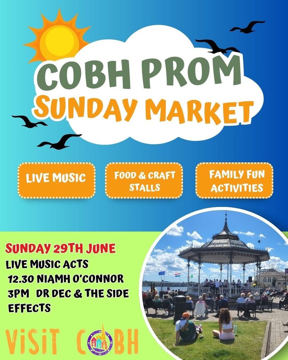 💥COBH SUNDAY PROM MARKET💥

SUNDAY 29TH June #Cobh 
Niamh O'Connor Music 12.30pm
Dr.Dec &amp;The Side Effects  3pm

Great Food, Craft &amp; Gift Stalls 

See You There!

Cobh2025  Cobh News  Cobh Edition  Cobh
