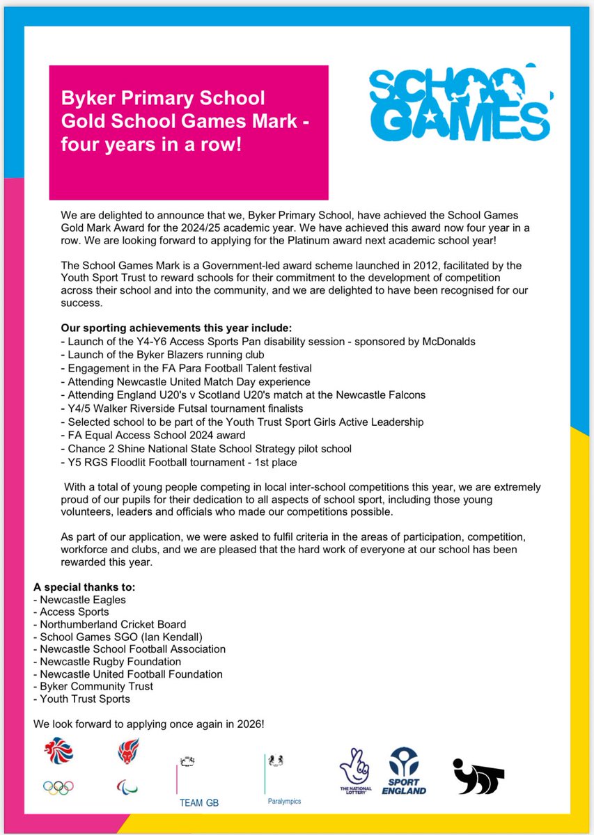 BykerPESSPA's tweet photo. We are delighted to have been awarded the @YourSchoolGames Mark Gold achievement for the 4th year in a row!  We couldn’t have done this without the amazing support from external partners. Thanks for the continued support and opportunities👏❤️@BykerPrimary #SGmark #Newcastle https://t.co/OHWMv2Wtr9