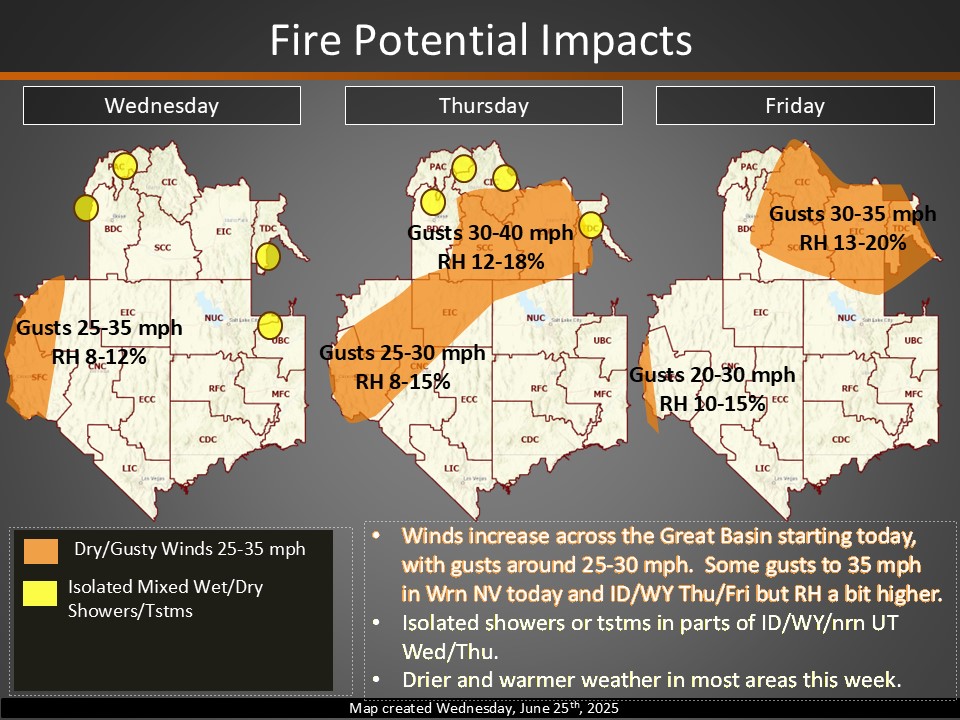 Fire Potential Impact Map for Wednesday-Friday 06/25/25-06/27/25  #gbcc #greatbasincoordinationcenter
<a href="/GreatBasinCC/">GBCC News and Notes</a>