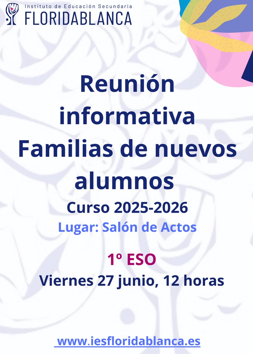ies floridablanca (@iesflori) on Twitter photo ¡ATENCIÓN! 💫💫💫
Reunión informativa para padres de nuevos alumnos de 1º ESO en el <a href="/iesflori/">ies floridablanca</a>
📍Salón de Actos
📆Viernes 27 junio
🕛 12:00 horas
Informaremos sobre la enseñanza en lenguas extranjeras, la enseñanza digital y el proceso de matrícula. ¡ATENCIÓN! 💫💫💫
Reunión informativa para padres de nuevos alumnos de 1º ESO en el <a href="/iesflori/">ies floridablanca</a>
📍Salón de Actos
📆Viernes 27 junio
🕛 12:00 horas
Informaremos sobre la enseñanza en lenguas extranjeras, la enseñanza digital y el proceso de matrícula.