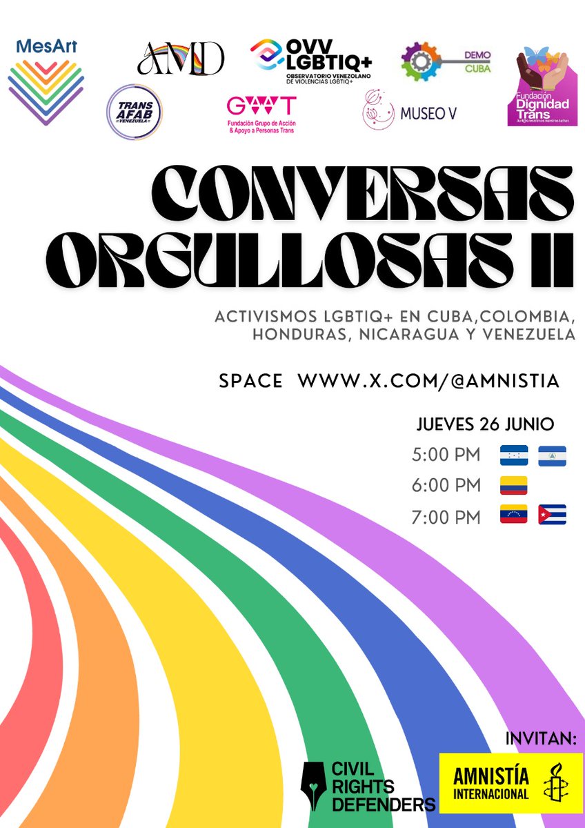 Marcos Gómez (@gomezmarcos) on Twitter photo Junto a <a href="/CRDLatin/">Civil Rights Defenders Latin America</a> les invitamos a la nueva edición de Conversas Orgullosas para conocer los activismos y las luchas LGBTIQ+🏳️⚧️🏳️🌈 en #Cuba #Colombia #Honduras #Nicaragua y #Venezuela
🗓Jueves 26 junio
🕚 5pm HND/NIC | 6pm COL | 7pm VE/CUB
📍Space: x.com/i/spaces/1kvJp… Junto a <a href="/CRDLatin/">Civil Rights Defenders Latin America</a> les invitamos a la nueva edición de Conversas Orgullosas para conocer los activismos y las luchas LGBTIQ+🏳️⚧️🏳️🌈 en #Cuba #Colombia #Honduras #Nicaragua y #Venezuela
🗓Jueves 26 junio
🕚 5pm HND/NIC | 6pm COL | 7pm VE/CUB
📍Space: x.com/i/spaces/1kvJp…