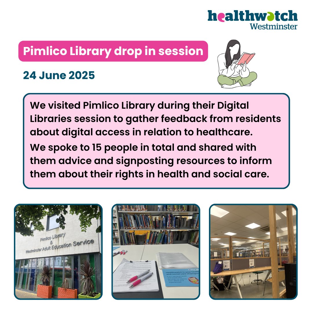 Yesterday we visited Pimlico Library during their Digital Libraries session which aims to offer library visitors one-to-one digital support.

A total of 15 people shared with us feedback about accessing healthcare services and barriers to digital inclusion.