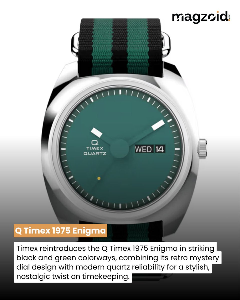 magzoidmagazine's tweet photo. Q Timex 1975 Enigma Returns Boldly

Timex revives the Q Timex 1975 Enigma in bold black and green, blending retro mystery dial charm with modern quartz reliability.

#Magzoid #MagzoidMagazine #QTimex #TimexEnigma #VintageWatches #design #retro #RetroWatchDesign #watches https://t.co/bFTz2MpcWA