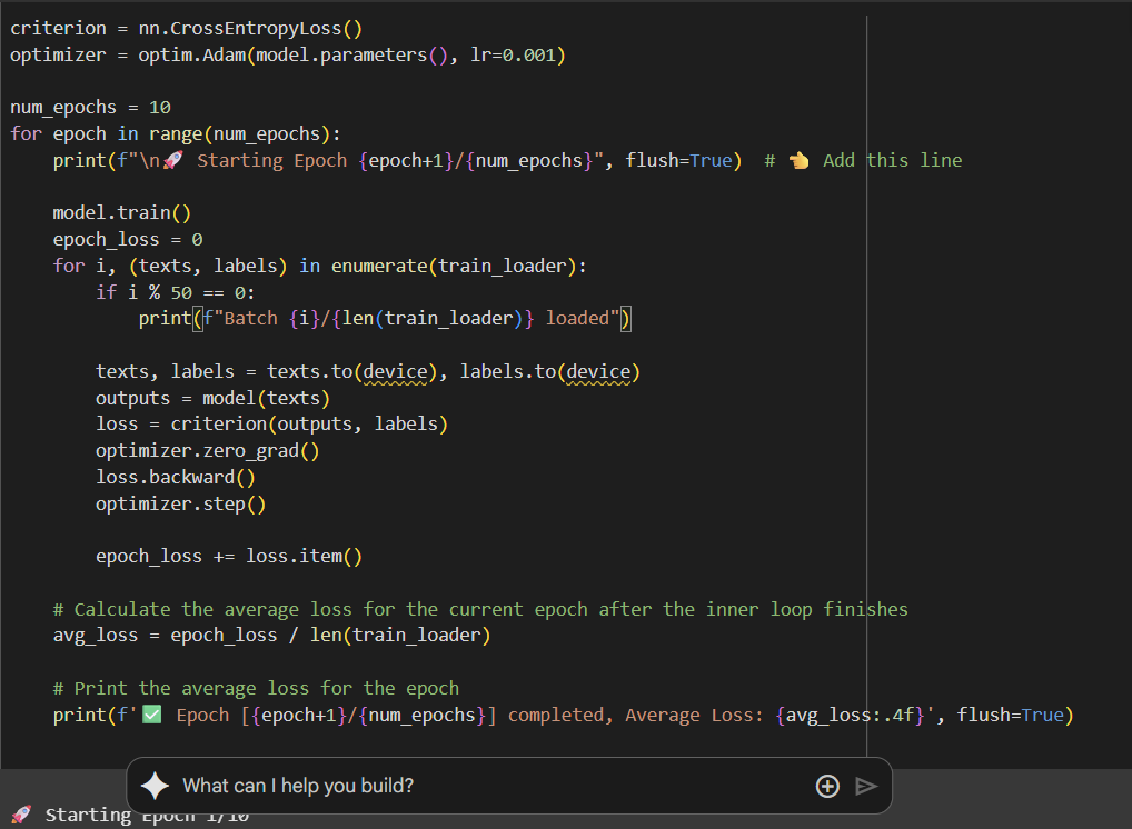 Need help with a weird PyTorch issue!

My training loop seems to be stuck in an infinite loop — I’m using CrossEntropyLoss, Adam, and moving everything to CUDA.

The line it hangs on is inside the training loop:
``` for texts, labels in train_loader:
            ... 
```

It
