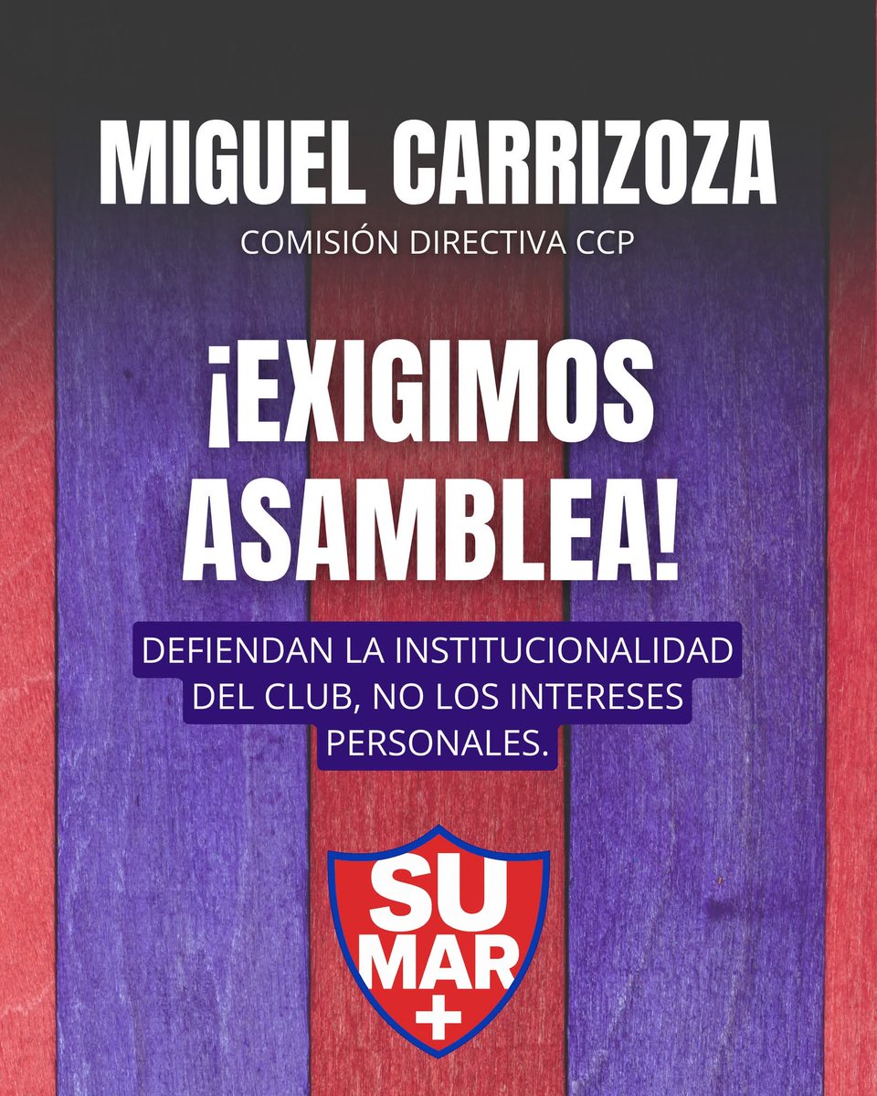 ¡Exigimos Asamblea Ya!

Miguel Carrizoza, desde el Movimiento SUMAR te exigimos respeto a la voluntad del socio. La institucionalidad del Club Cerro Porteño no puede seguir siendo rehén de intereses particulares.

🛑 Basta de dilaciones.
⚖️ Democracia, transparencia y respeto a