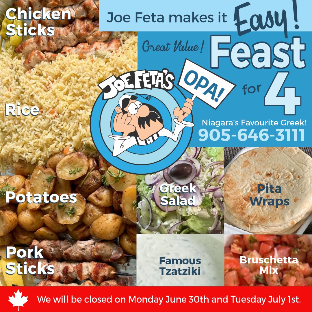 joefetas's tweet photo. Please Note: We will be closed on Monday June 30th and Tuesday July 1st. Happy Canada Day! Make dinner delicious and easy tonight and you will likely have lunch covered for the next day too. We suggest a Joe Feta Feast. https://t.co/ewUfdUt8O5